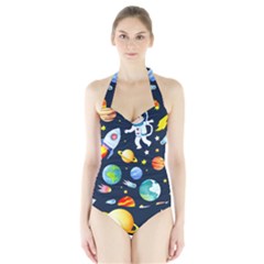 Space Galaxy Seamless Background Halter Swimsuit by Jancukart