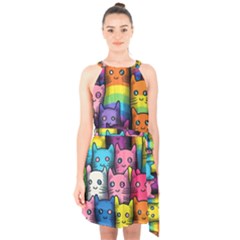 Cats Cat Cute Animal Rainbow Pattern Colorful Halter Collar Waist Tie Chiffon Dress by Jancukart