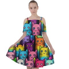 Cats Cat Cute Animal Rainbow Pattern Colorful Cut Out Shoulders Chiffon Dress