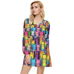 Cats Cat Cute Animal Rainbow Pattern Colorful Tiered Long Sleeve Mini Dress by Jancukart