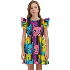 Cats Cat Cute Animal Rainbow Pattern Colorful Kids  Winged Sleeve Dress