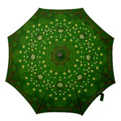 Lotus Bloom In Gold And A Green Peaceful Surrounding Environment Hook Handle Umbrellas (medium) by pepitasart