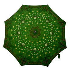 Lotus Bloom In Gold And A Green Peaceful Surrounding Environment Hook Handle Umbrellas (large) by pepitasart