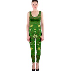 Lotus Bloom In Gold And A Green Peaceful Surrounding Environment One Piece Catsuit by pepitasart