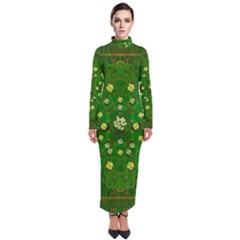 Lotus Bloom In Gold And A Green Peaceful Surrounding Environment Turtleneck Maxi Dress by pepitasart