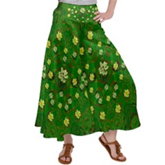 Lotus Bloom In Gold And A Green Peaceful Surrounding Environment Satin Palazzo Pants by pepitasart