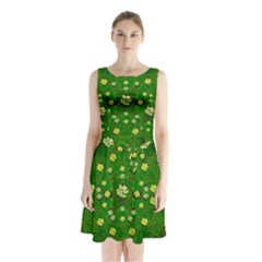 Lotus Bloom In Gold And A Green Peaceful Surrounding Environment Sleeveless Waist Tie Chiffon Dress by pepitasart