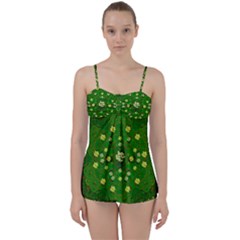 Lotus Bloom In Gold And A Green Peaceful Surrounding Environment Babydoll Tankini Set by pepitasart