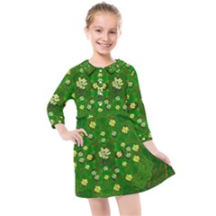 Lotus Bloom In Gold And A Green Peaceful Surrounding Environment Kids  Quarter Sleeve Shirt Dress by pepitasart