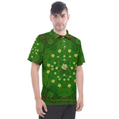 Lotus Bloom In Gold And A Green Peaceful Surrounding Environment Men s Polo Tee by pepitasart