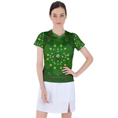 Lotus Bloom In Gold And A Green Peaceful Surrounding Environment Women s Sports Top by pepitasart