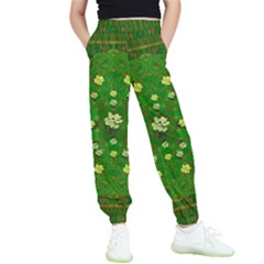 Lotus Bloom In Gold And A Green Peaceful Surrounding Environment Kids  Elastic Waist Pants by pepitasart