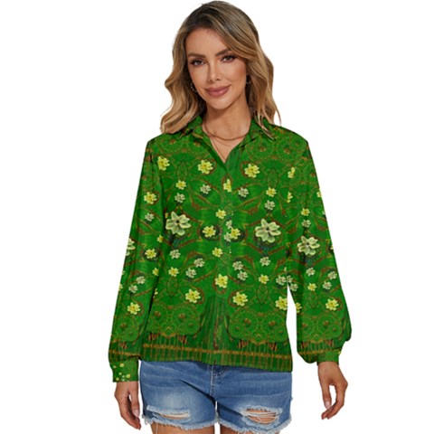 Lotus Bloom In Gold And A Green Peaceful Surrounding Environment Women s Long Sleeve Button Down Shirt by pepitasart
