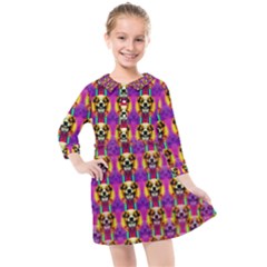 Cute Small Dogs With Colorful Flowers Kids  Quarter Sleeve Shirt Dress by pepitasart