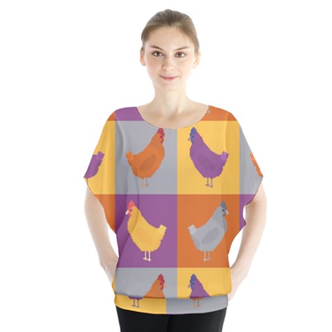 Chickens Pixel Pattern - Version 1a Batwing Chiffon Blouse by wagnerps