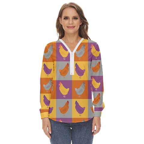 Chickens Pixel Pattern - Version 1a Zip Up Long Sleeve Blouse by wagnerps