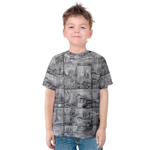 Paris Souvenirs Black And White Pattern Kids  Cotton Tee by dflcprintsclothing