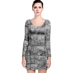 Paris Souvenirs Black And White Pattern Long Sleeve Velvet Bodycon Dress by dflcprintsclothing