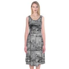 Paris Souvenirs Black And White Pattern Midi Sleeveless Dress by dflcprintsclothing