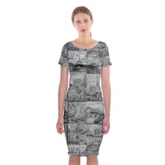 Paris Souvenirs Black And White Pattern Classic Short Sleeve Midi Dress by dflcprintsclothing