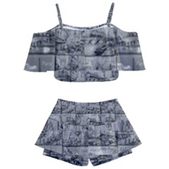 Paris Souvenirs Black And White Pattern Kids  Off Shoulder Skirt Bikini by dflcprintsclothing