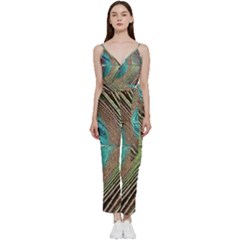 Peacock V-neck Spaghetti Strap Tie Front Jumpsuit by StarvingArtisan