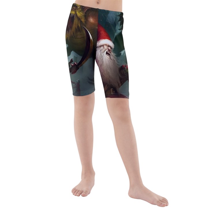 A Santa Claus Standing In Front Of A Dragon Kids  Mid Length Swim Shorts