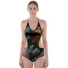 A Santa Claus Standing In Front Of A Dragon Cut-out One Piece Swimsuit by bobilostore