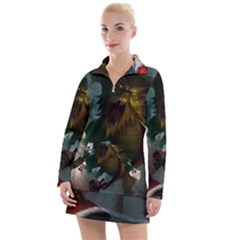 A Santa Claus Standing In Front Of A Dragon Women s Long Sleeve Casual Dress by bobilostore