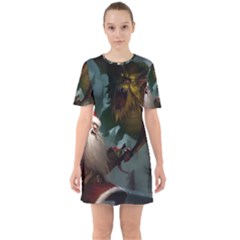 A Santa Claus Standing In Front Of A Dragon Sixties Short Sleeve Mini Dress by bobilostore
