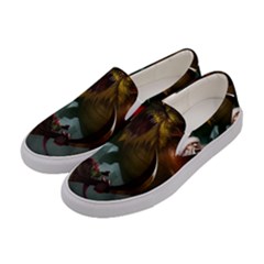 A Santa Claus Standing In Front Of A Dragon Women s Canvas Slip Ons by bobilostore