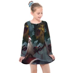 A Santa Claus Standing In Front Of A Dragon Kids  Long Sleeve Dress by bobilostore