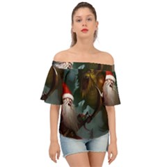 A Santa Claus Standing In Front Of A Dragon Off Shoulder Short Sleeve Top by bobilostore