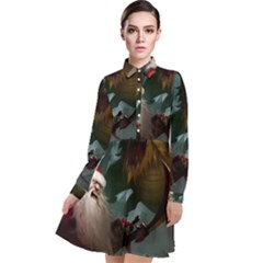 A Santa Claus Standing In Front Of A Dragon Low Long Sleeve Chiffon Shirt Dress by EmporiumofGoods