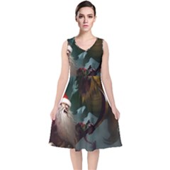 A Santa Claus Standing In Front Of A Dragon Low V-neck Midi Sleeveless Dress  by EmporiumofGoods