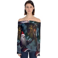 A Santa Claus Standing In Front Of A Dragon Low Off Shoulder Long Sleeve Top by EmporiumofGoods