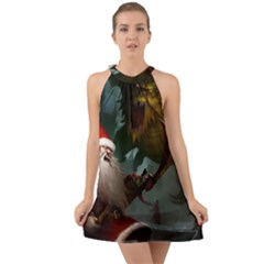 A Santa Claus Standing In Front Of A Dragon Low Halter Tie Back Chiffon Dress by EmporiumofGoods