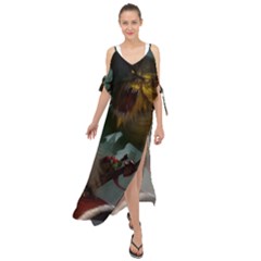 A Santa Claus Standing In Front Of A Dragon Low Maxi Chiffon Cover Up Dress by EmporiumofGoods