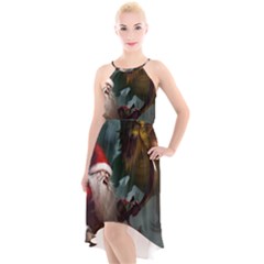 A Santa Claus Standing In Front Of A Dragon Low High-low Halter Chiffon Dress  by EmporiumofGoods