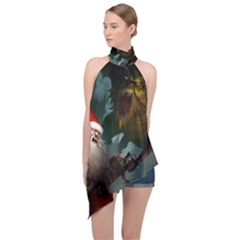 A Santa Claus Standing In Front Of A Dragon Low Halter Asymmetric Satin Top by EmporiumofGoods