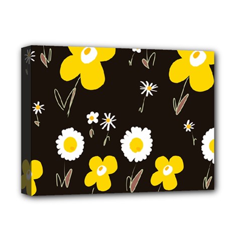 Daisy Flowers White Yellow Brown Black Deluxe Canvas 16  X 12  (stretched)  by Mazipoodles