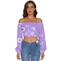 Daisy Flowers Lilac White Lavender Purple Long Sleeve Crinkled Weave Crop Top by Mazipoodles