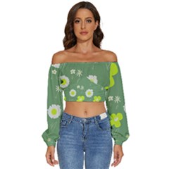 Daisy Flowers Lime Green White Forest Green  Long Sleeve Crinkled Weave Crop Top by Mazipoodles