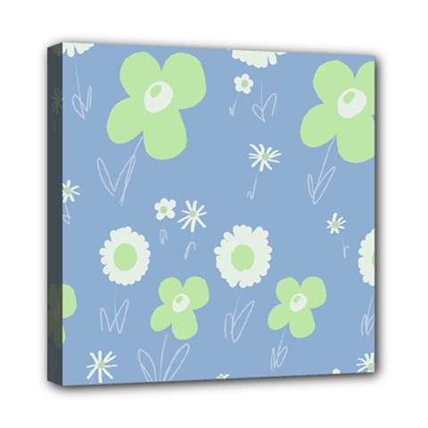 Daisy Flowers Pastel Green White Blue  Mini Canvas 8  X 8  (stretched) by Mazipoodles