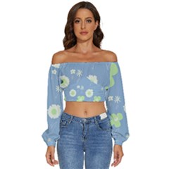 Daisy Flowers Pastel Green White Blue  Long Sleeve Crinkled Weave Crop Top by Mazipoodles