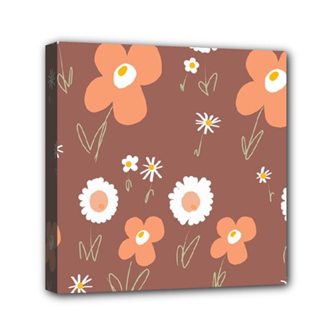 Daisy Flowers Coral White Green Brown  Mini Canvas 6  X 6  (stretched) by Mazipoodles