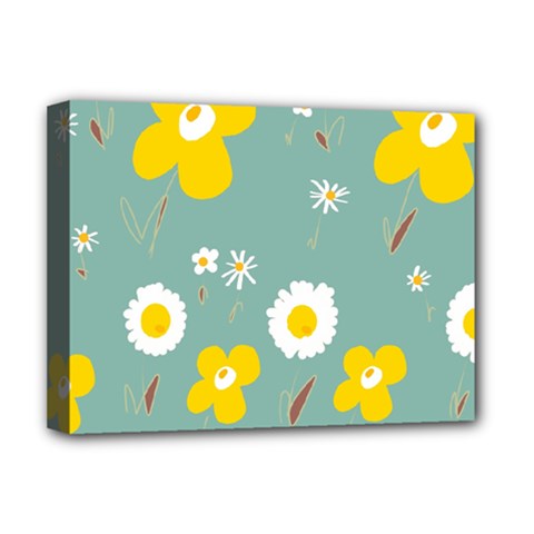 Daisy Flowers Yellow White Brown Sage Green  Deluxe Canvas 16  X 12  (stretched)  by Mazipoodles