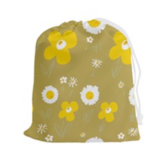 Daisy Flowers Yellow White Olive  Drawstring Pouch (2xl) by Mazipoodles