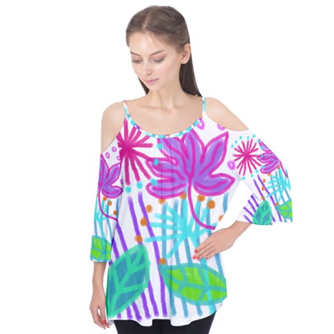 Funky Abstract Floral Flutter Sleeve Tee  by Arttowear