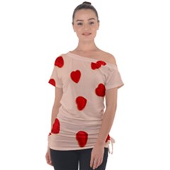 Valentine Day Pattern Logo Heart Off Shoulder Tie-up Tee